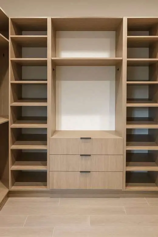 Custom natural oak closet with open shelving, hanging rods, and drawer storage