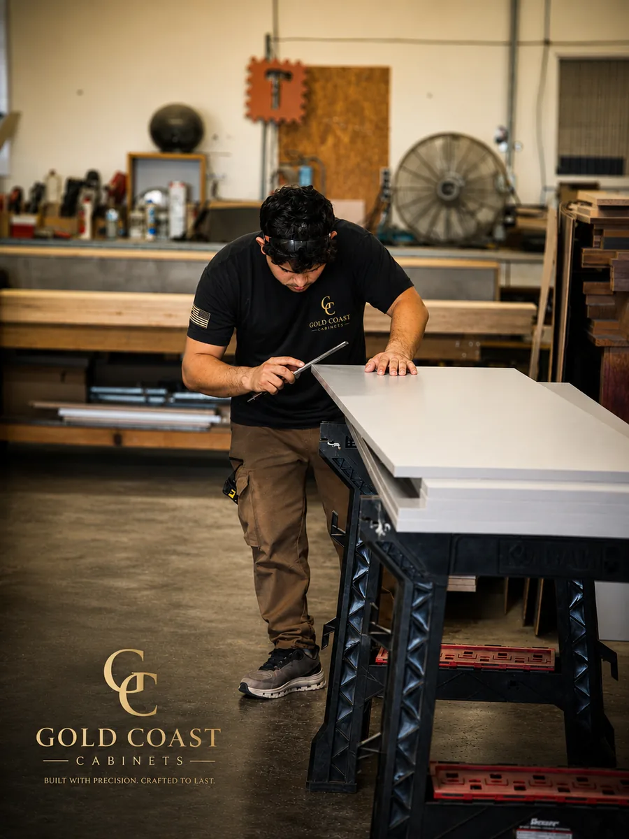 Craftsman hand-finishing a cabinet panel edge in the Gold Coast Cabinets shop in Lake Elsinore, CA