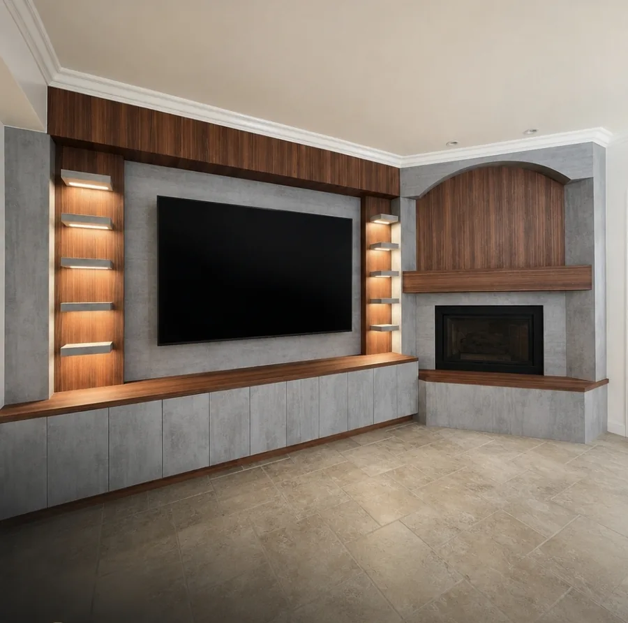Custom TV wall and fireplace built-in with walnut-tone paneling, concrete-finish cabinets, and LED-lit floating shelves