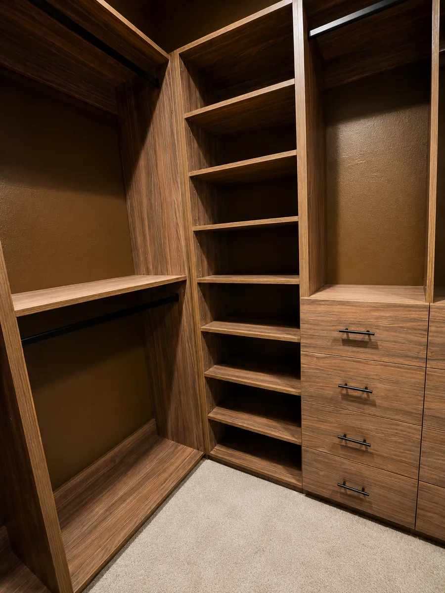 Custom walnut-finish walk-in closet with corner shelving, double hanging, and a drawer stack with black pulls