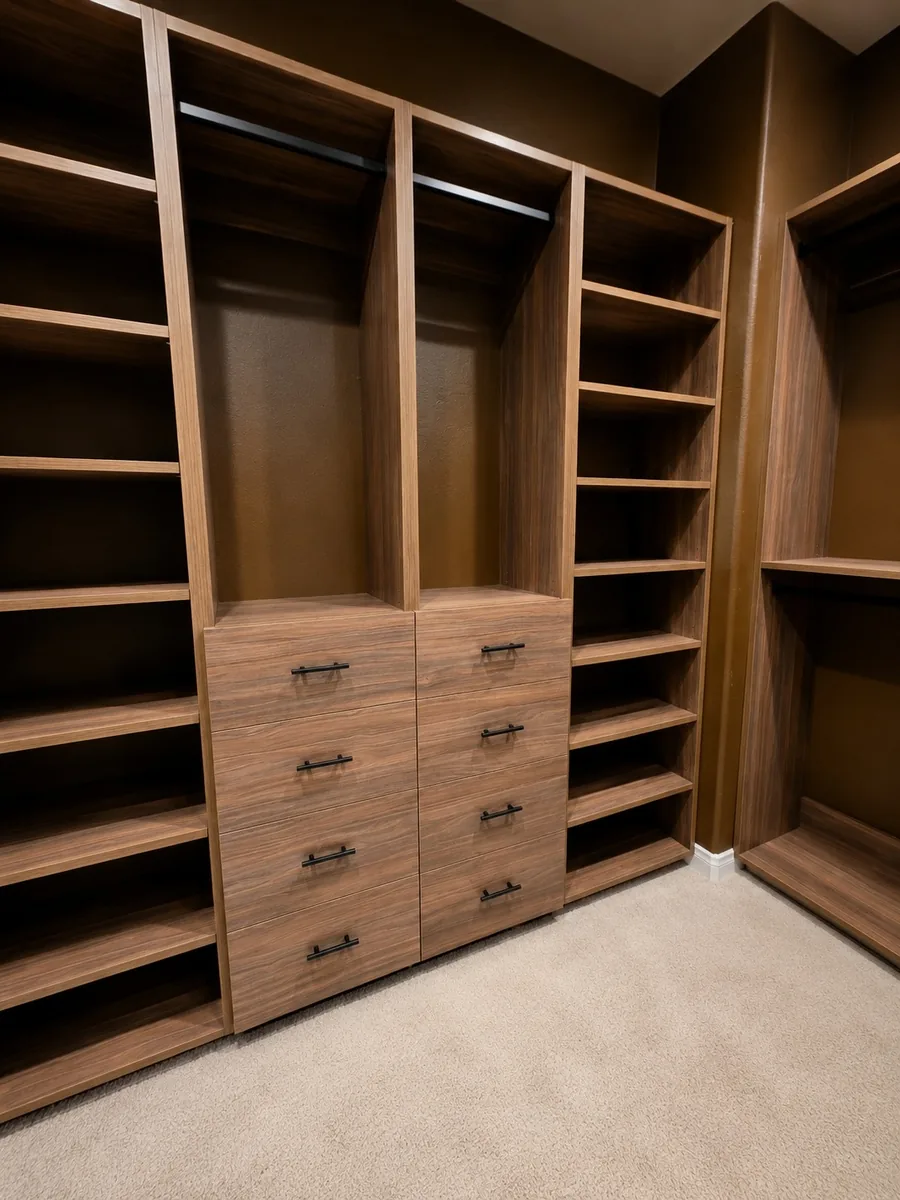 Custom walnut-finish walk-in closet with a drawer stack, double hanging, and adjustable shelving