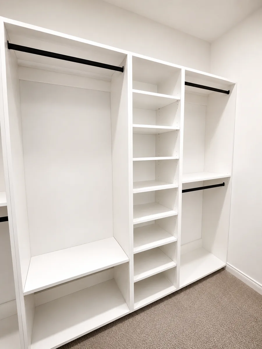 Custom white walk-in closet with long hanging, double hanging, and a center tower of adjustable shelves with black closet rods